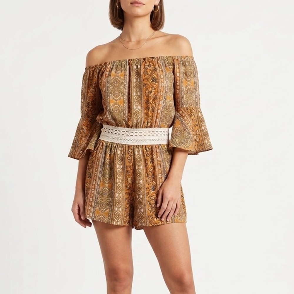 Hello Miss Mustard Paisley Romper with Crochet Waist Detail